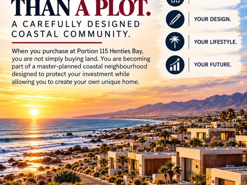 Promotional marketing material for a new coastal residential development in Henties Bay, showcasing a conceptual master-planned community.