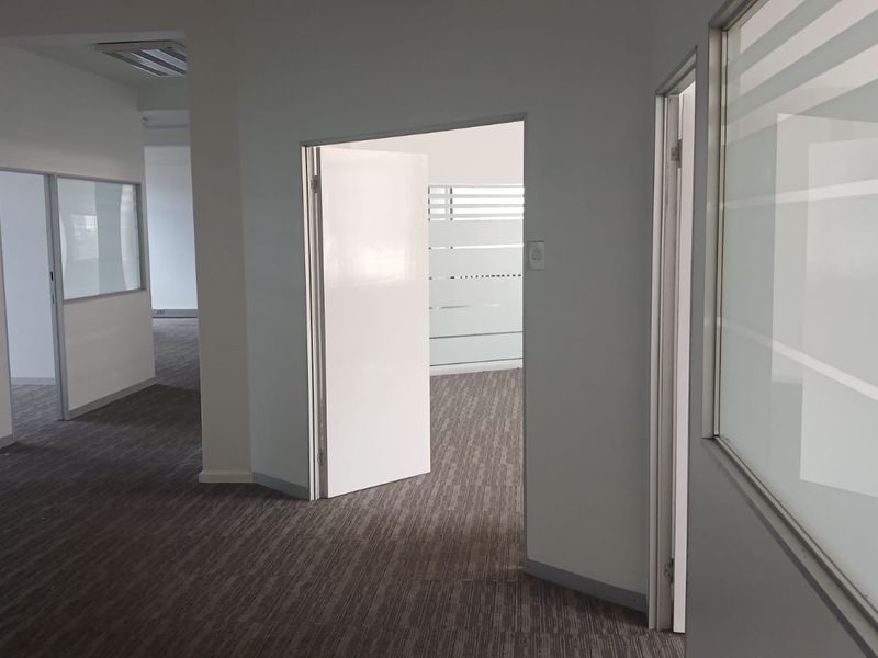 A bright, modern office space featuring glass partitions, neutral carpet flooring, and multiple private office rooms, ideal for a professional workspace.