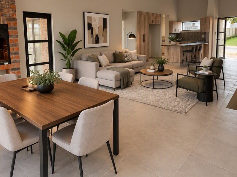 Spacious open-plan living area featuring a modern kitchen with island, dining space, and a cozy built-in brick fireplace with direct outdoor access.