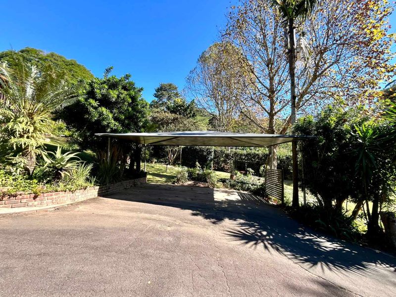 A paved driveway featuring a functional carport structure, bordered by established garden beds and a brick retaining wall in a leafy setting.