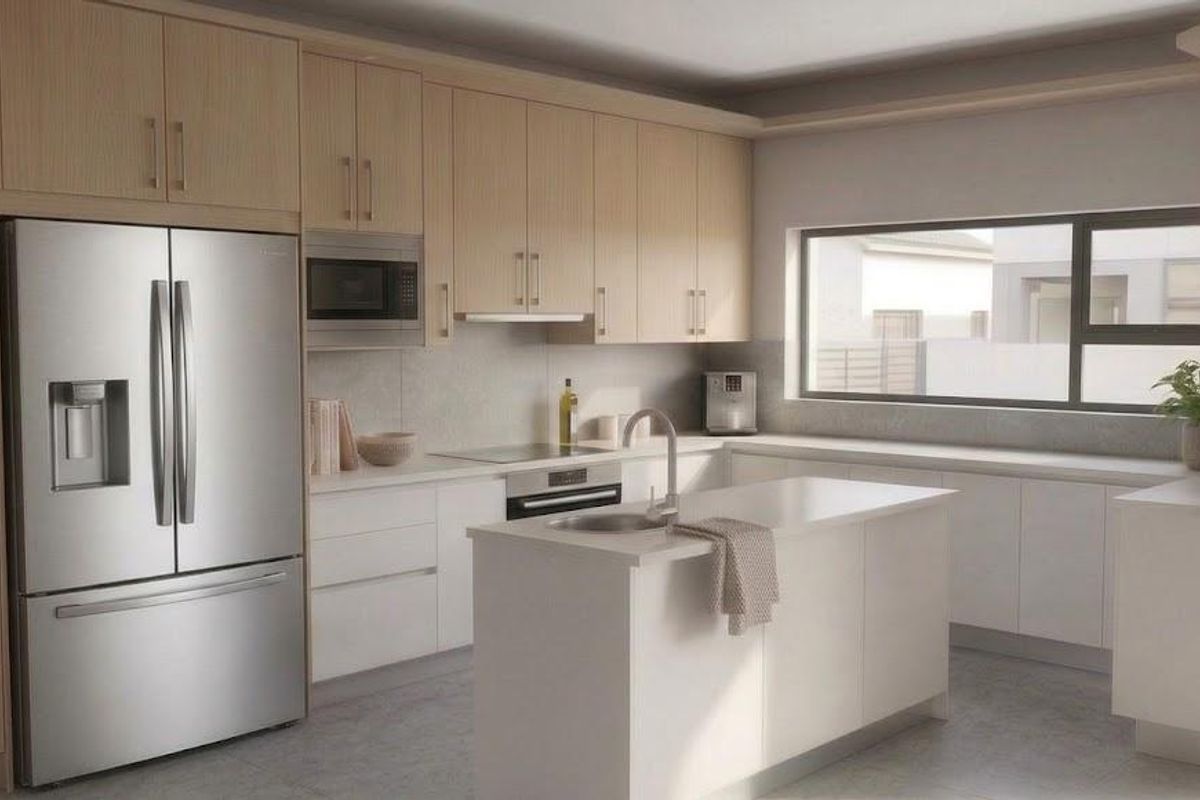Modern kitchen featuring light wood cabinetry, a central island, stone countertops, and integrated stainless steel appliances with ample natural light.
