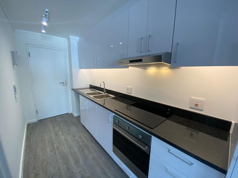 Modern galley-style kitchen featuring high-gloss white cabinetry, dark stone countertops, integrated stainless steel appliances, and sleek under-cabinet lighting.