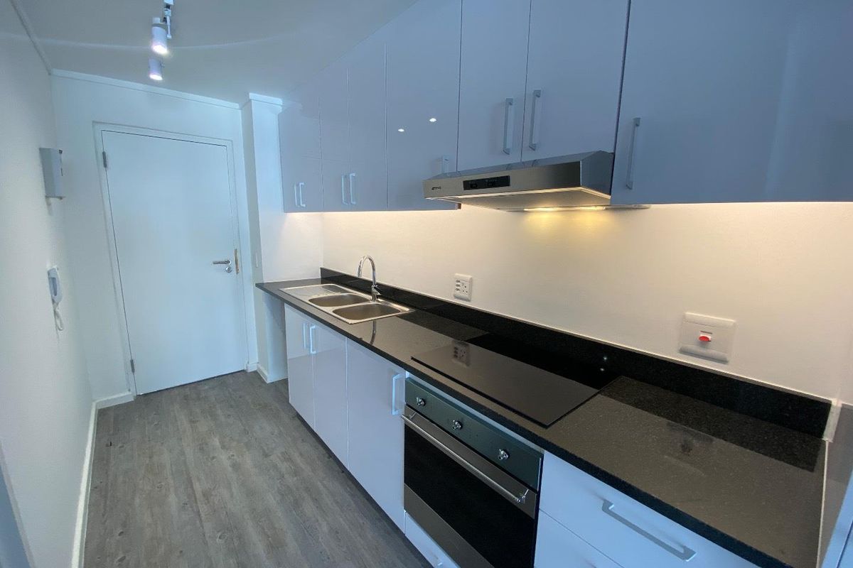 Modern galley-style kitchen featuring high-gloss white cabinetry, dark stone countertops, integrated stainless steel appliances, and sleek under-cabinet lighting.