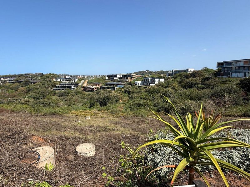 A wide-angle view of a vacant residential plot featuring natural vegetation and surrounding estate homes in the distance.