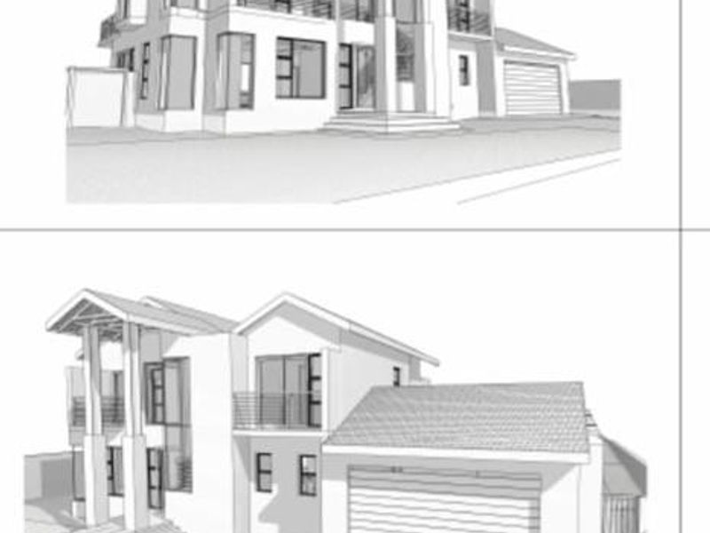 Architectural floor plan and 3D exterior renderings showing the proposed house design, including roof layout, garage, and balcony features.