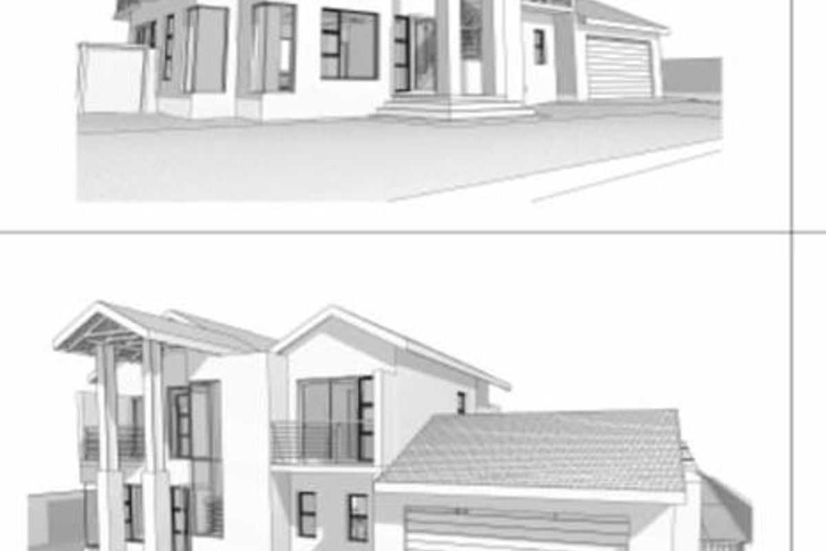 Architectural floor plan and 3D exterior renderings showing the proposed house design, including roof layout, garage, and balcony features.