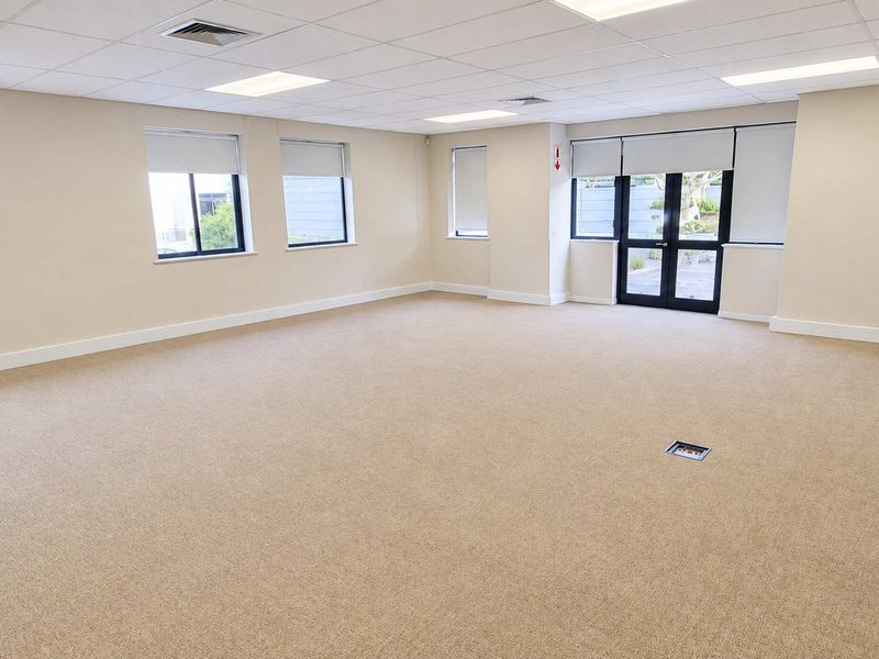 A spacious, open-plan office area featuring neutral carpeting, a suspended ceiling with recessed lighting, and large windows with roller blinds.