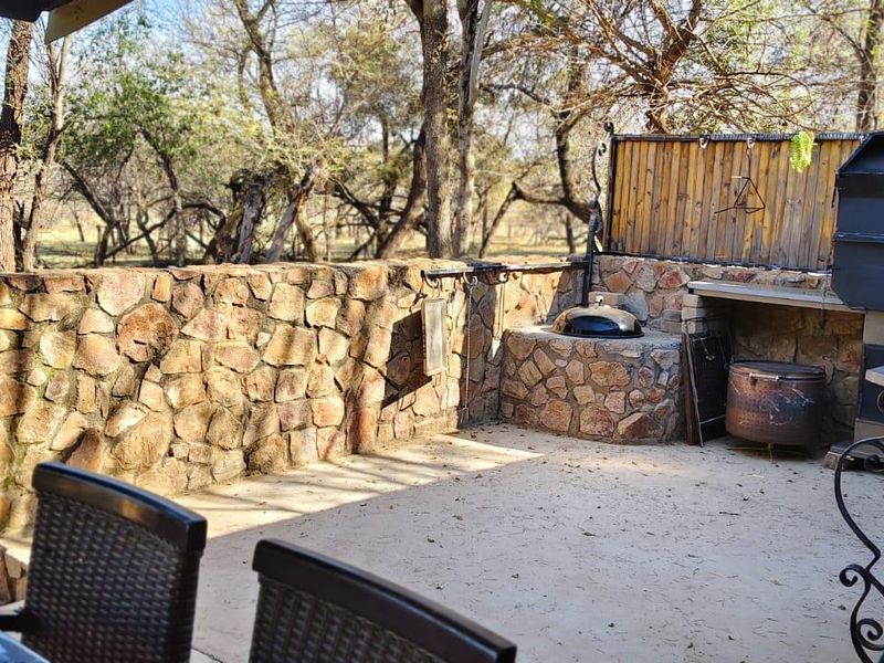 Outdoor patio area featuring a stone-clad built-in braai, integrated sink, and concrete flooring, set against a natural bushveld backdrop.