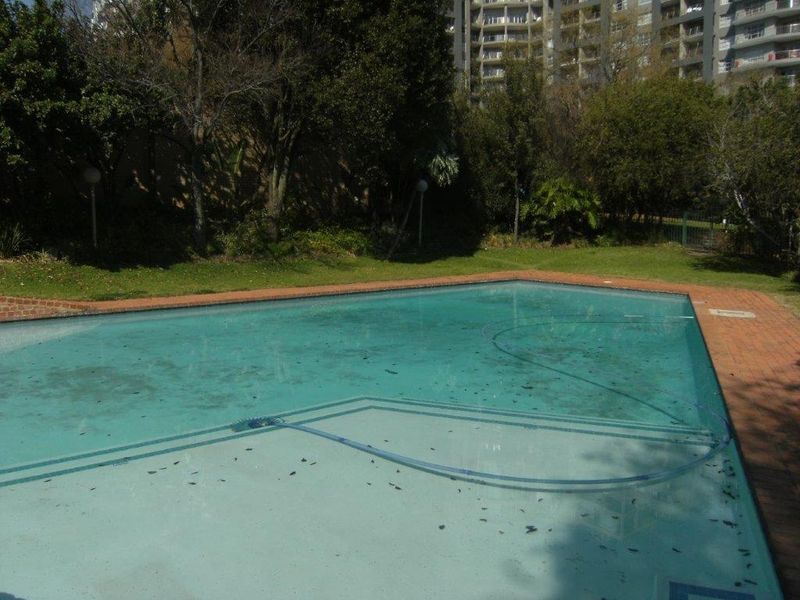 Outdoor swimming pool area featuring brick coping and surrounding garden space, requiring maintenance to clear debris and improve water quality.