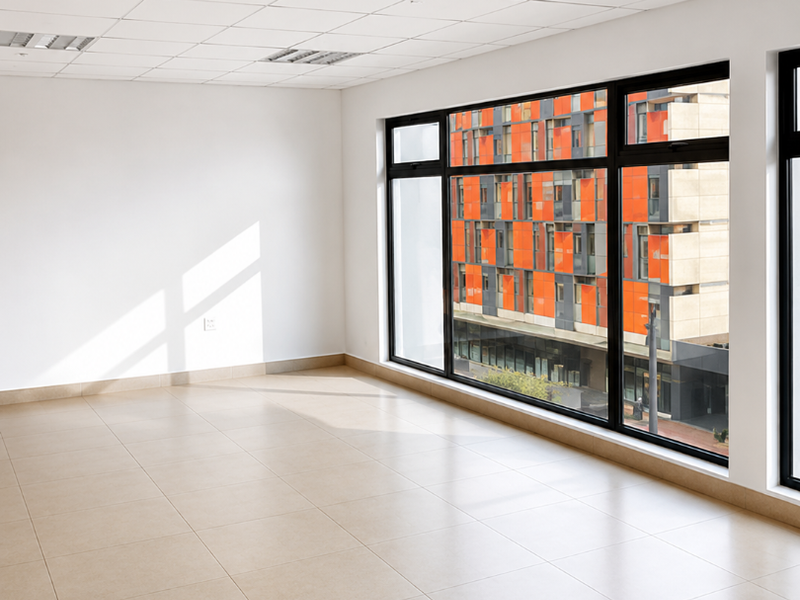 A bright, vacant office space featuring large windows, neutral ceramic floor tiles, and a professional suspended ceiling with integrated lighting.