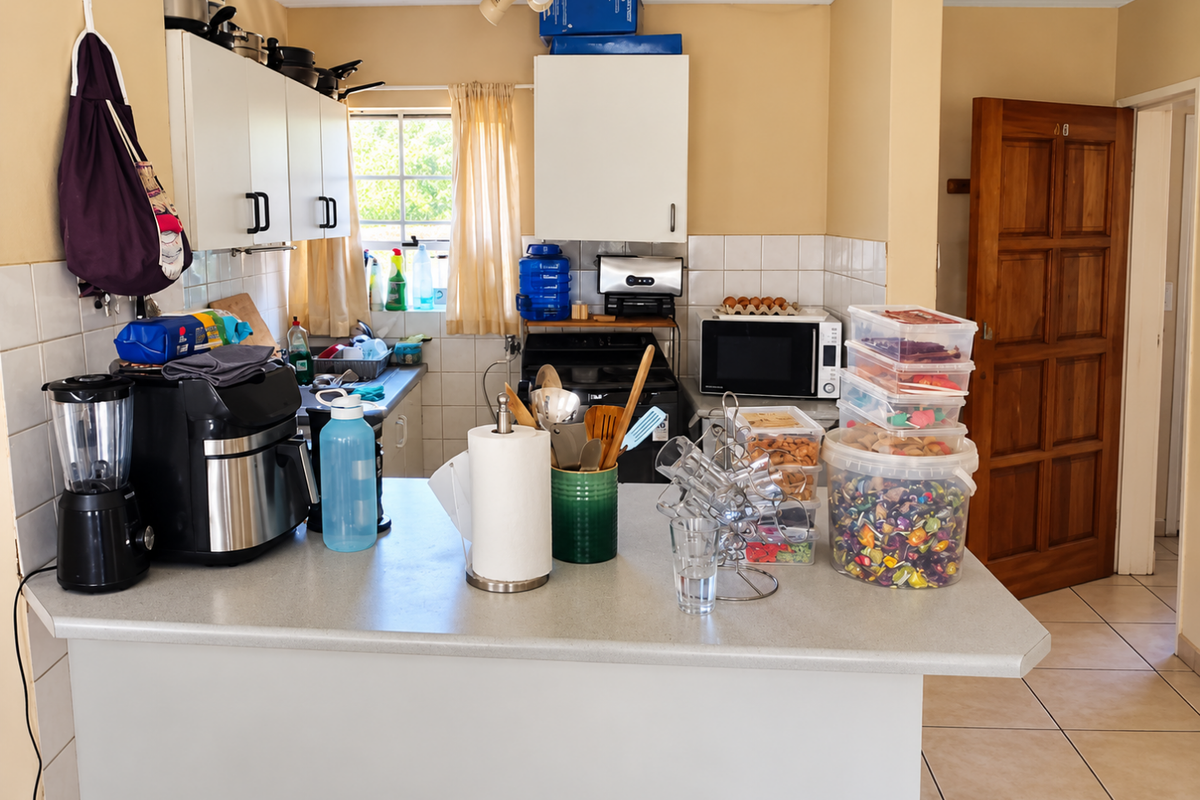 A functional kitchen featuring built-in cabinetry, tiled backsplash, and a breakfast bar, providing a practical layout for daily meal preparation.