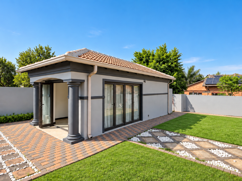 A well-maintained rear garden featuring a detached structure with decorative columns, tiled roof, paved patio areas, and manicured lawn.