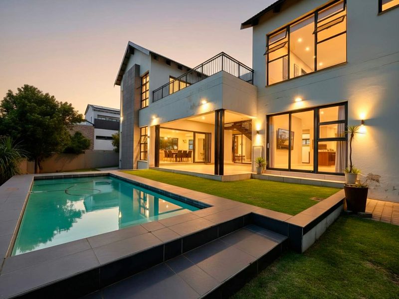 Rear view of a modern double-story home featuring a swimming pool, tiled patio area, and a balcony with metal railings.