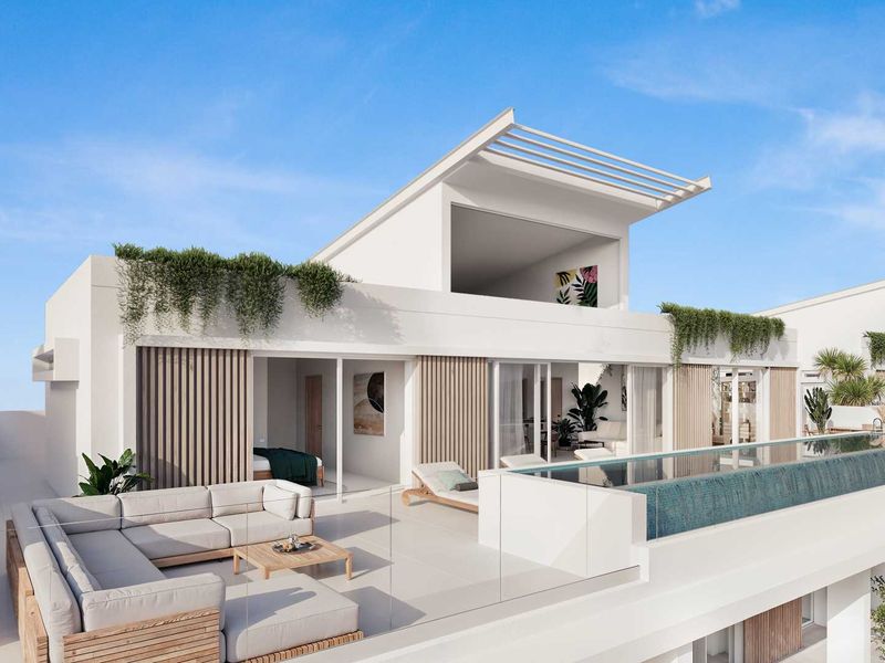 Modern apartment terrace featuring a private infinity pool, glass balustrades, and seamless indoor-outdoor flow with contemporary architectural design.