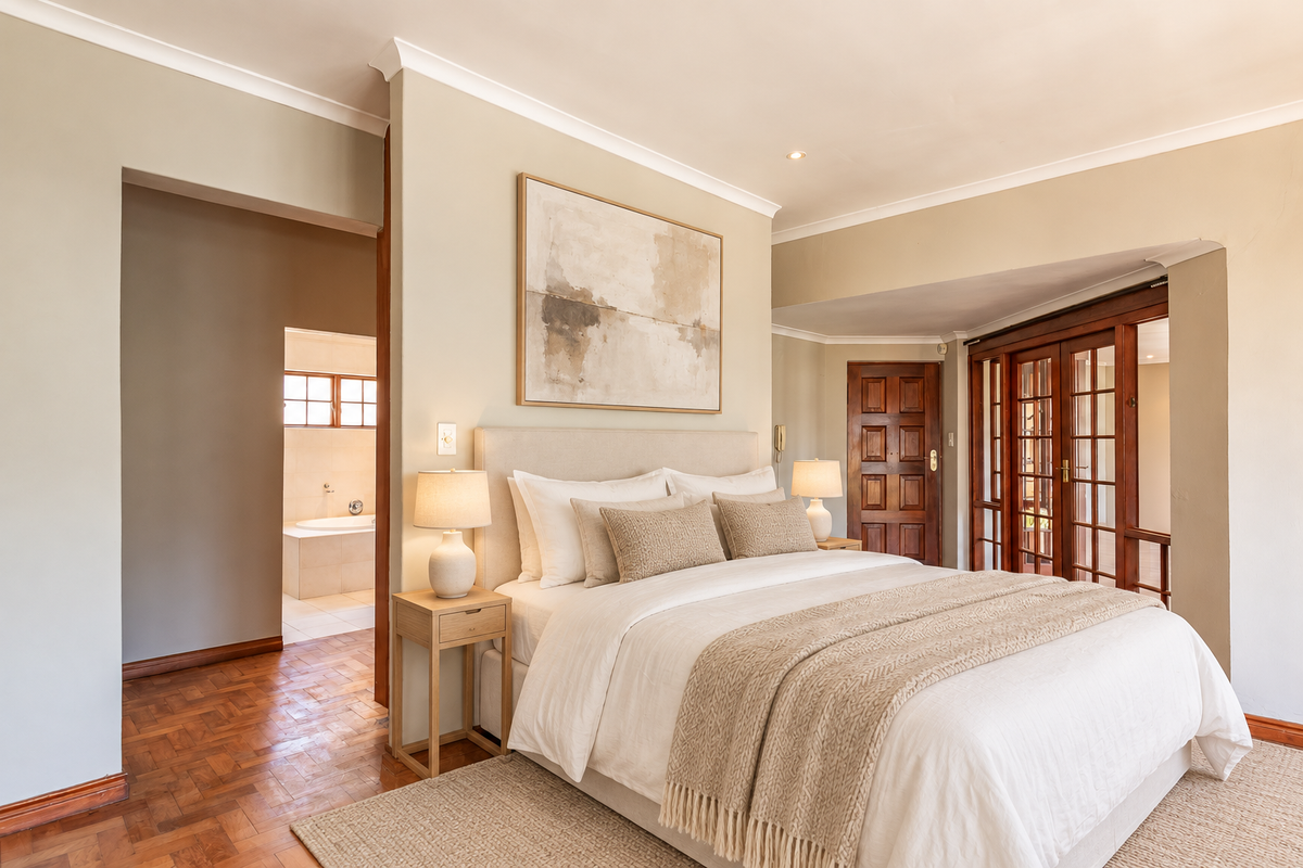 Spacious bedroom featuring warm parquet flooring, coved cornicing, and direct access to an en-suite bathroom and private outdoor area through timber-framed glass doors.