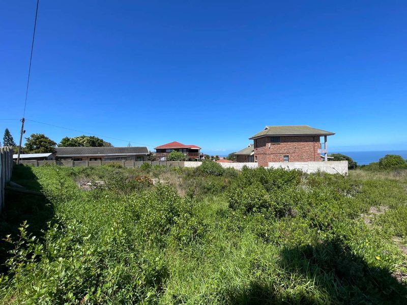A vacant residential plot featuring natural vegetation and a perimeter wall, offering a clear view of the surrounding neighborhood and distant ocean.