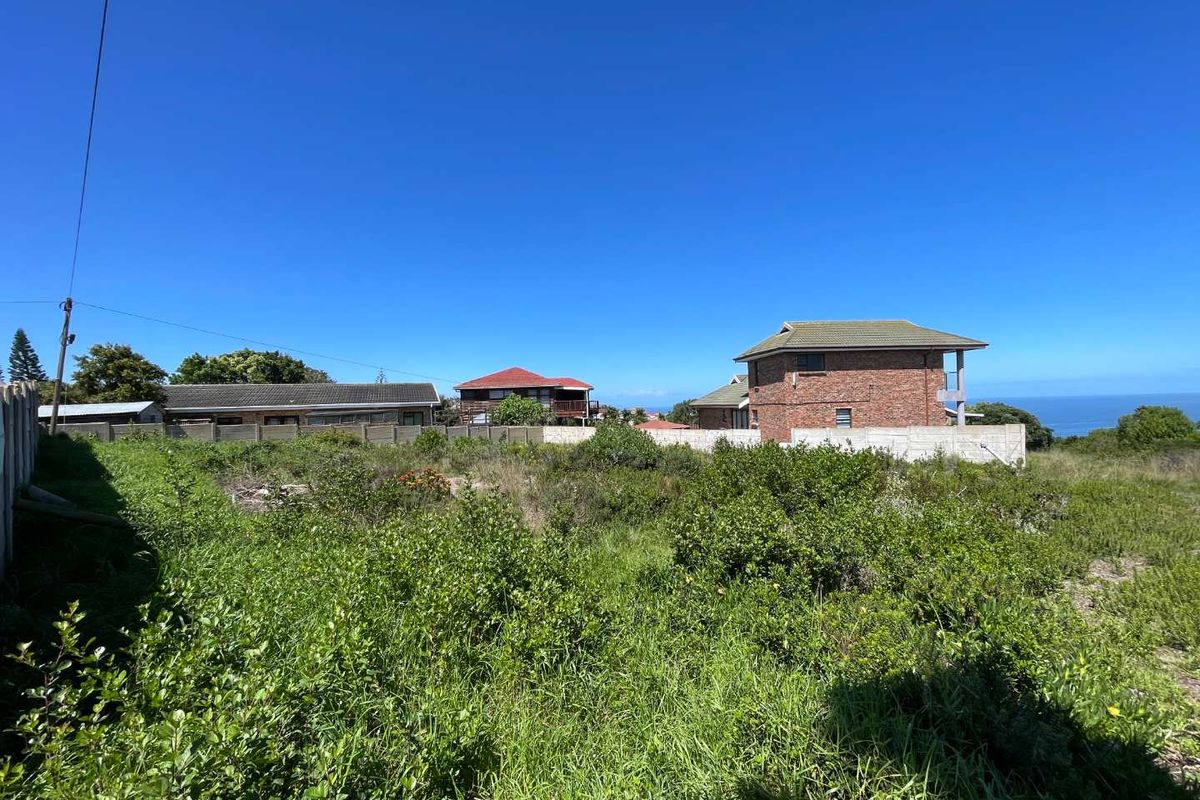 A vacant residential plot featuring natural vegetation and a perimeter wall, offering a clear view of the surrounding neighborhood and distant ocean.