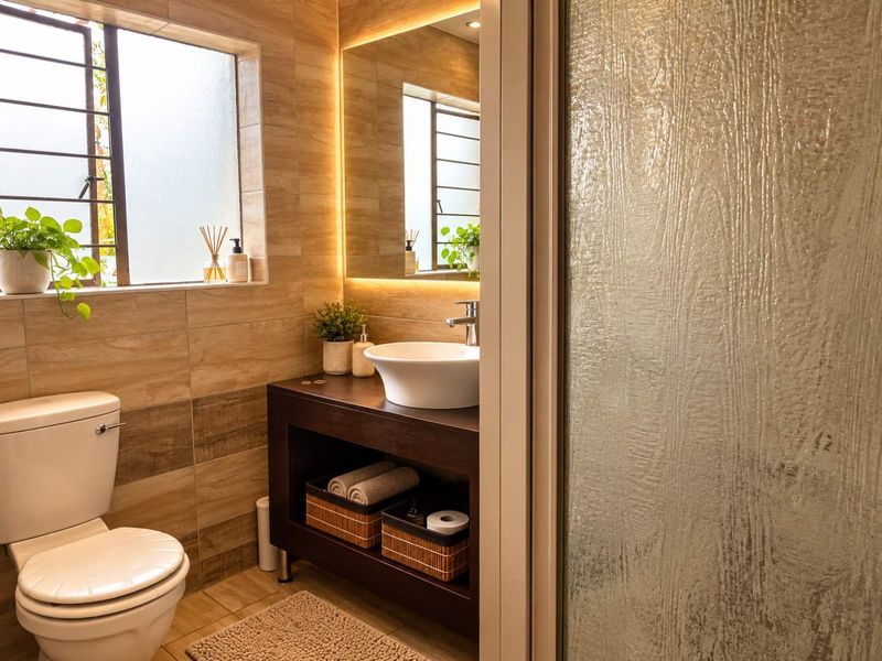 Modern bathroom featuring a vessel sink, dark wood vanity, backlit mirror, and neutral floor-to-ceiling wall tiles with a frosted glass shower enclosure.