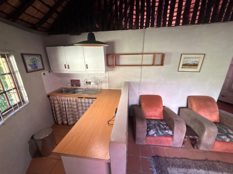 Open-plan cottage living area featuring a compact kitchen with double basin sink, breakfast counter, and traditional exposed thatch roof ceiling.