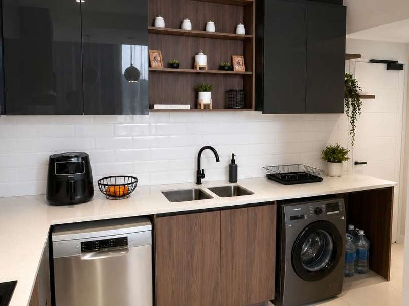 Modern kitchen featuring dark cabinetry, wood-tone accents, subway tile backsplash, quartz countertops, and integrated appliances including a dishwasher and washing machine.