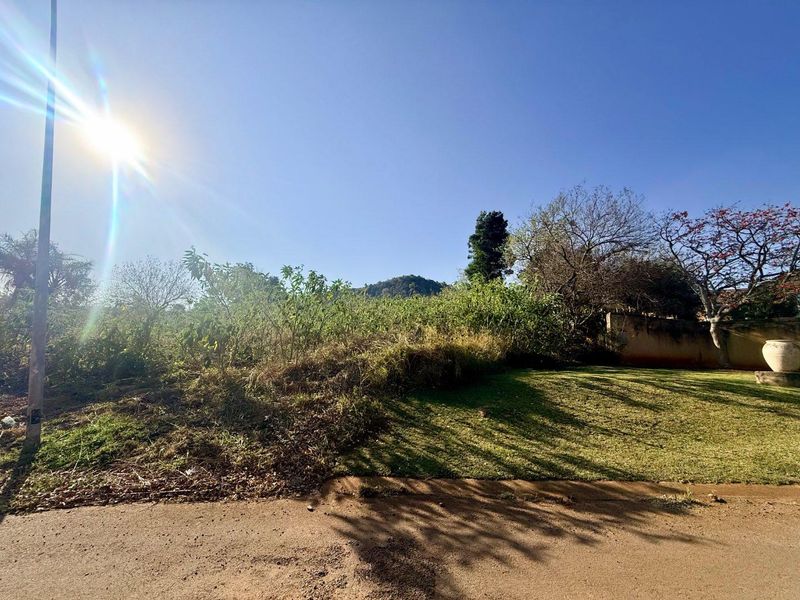 A view of a vacant residential plot featuring a grassed area, boundary wall, and overgrown vegetation under a clear sky.