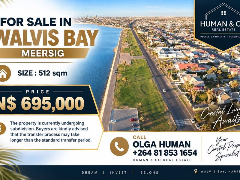 Aerial view of a 512 sqm vacant residential plot located in the coastal area of Meersig, Walvis Bay.