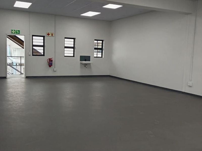 A clean, open-plan industrial utility space featuring durable epoxy flooring, suspended ceiling with recessed lighting, and a wall-mounted basin.