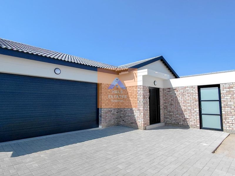 Modern front elevation featuring a double garage, brick facade, tiled roof, and a paved driveway with a contemporary entrance.