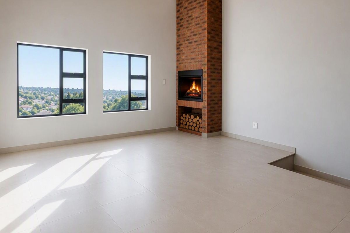 Spacious living room featuring a prominent brick fireplace, large windows with scenic views, and modern tiled flooring in a clean, open-plan layout.