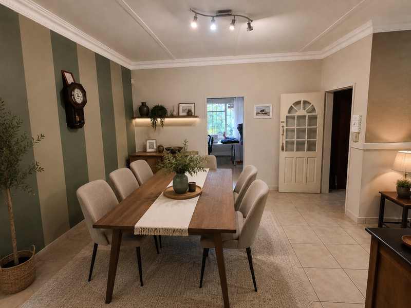 A well-maintained dining room featuring ceramic tile flooring, decorative crown molding, and a classic multi-pane glass door leading to adjacent living spaces.