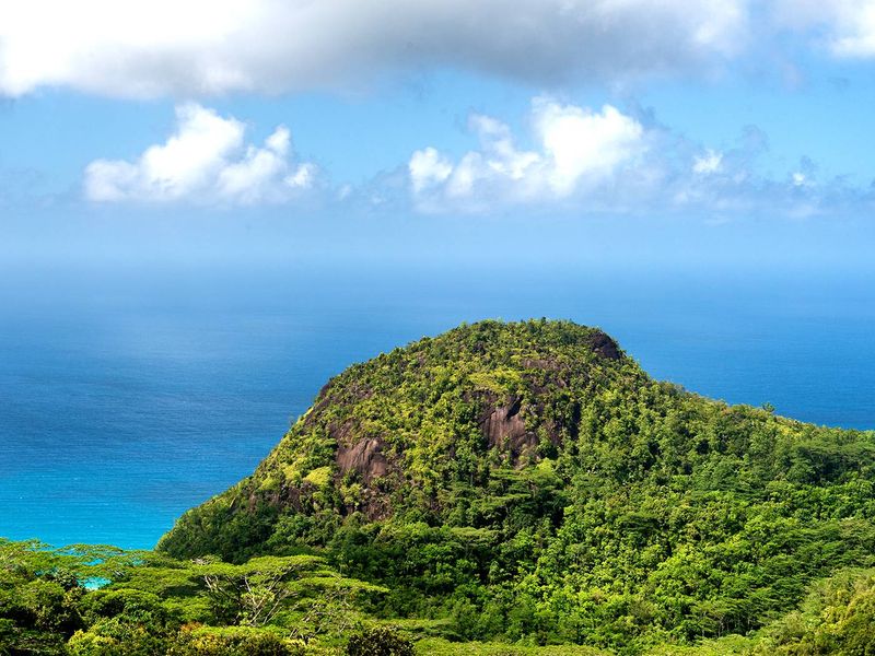 A scenic view of a lush, green hill overlooking the blue ocean, showcasing the natural landscape of the vacant residential land.