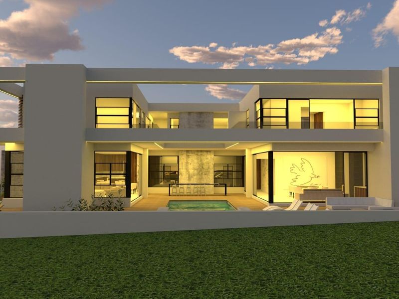 A modern architectural rear elevation featuring a swimming pool, expansive glass sliding doors, and integrated exterior lighting.