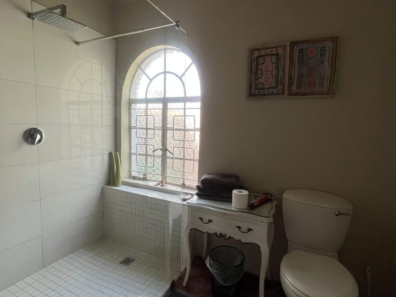 A functional bathroom featuring a walk-in shower with a rain shower head, a classic arched window, and standard toilet fixtures.