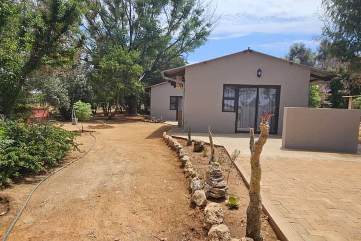 Rear view of the property featuring a paved driveway, concrete patio area, and established garden surroundings with mature trees.