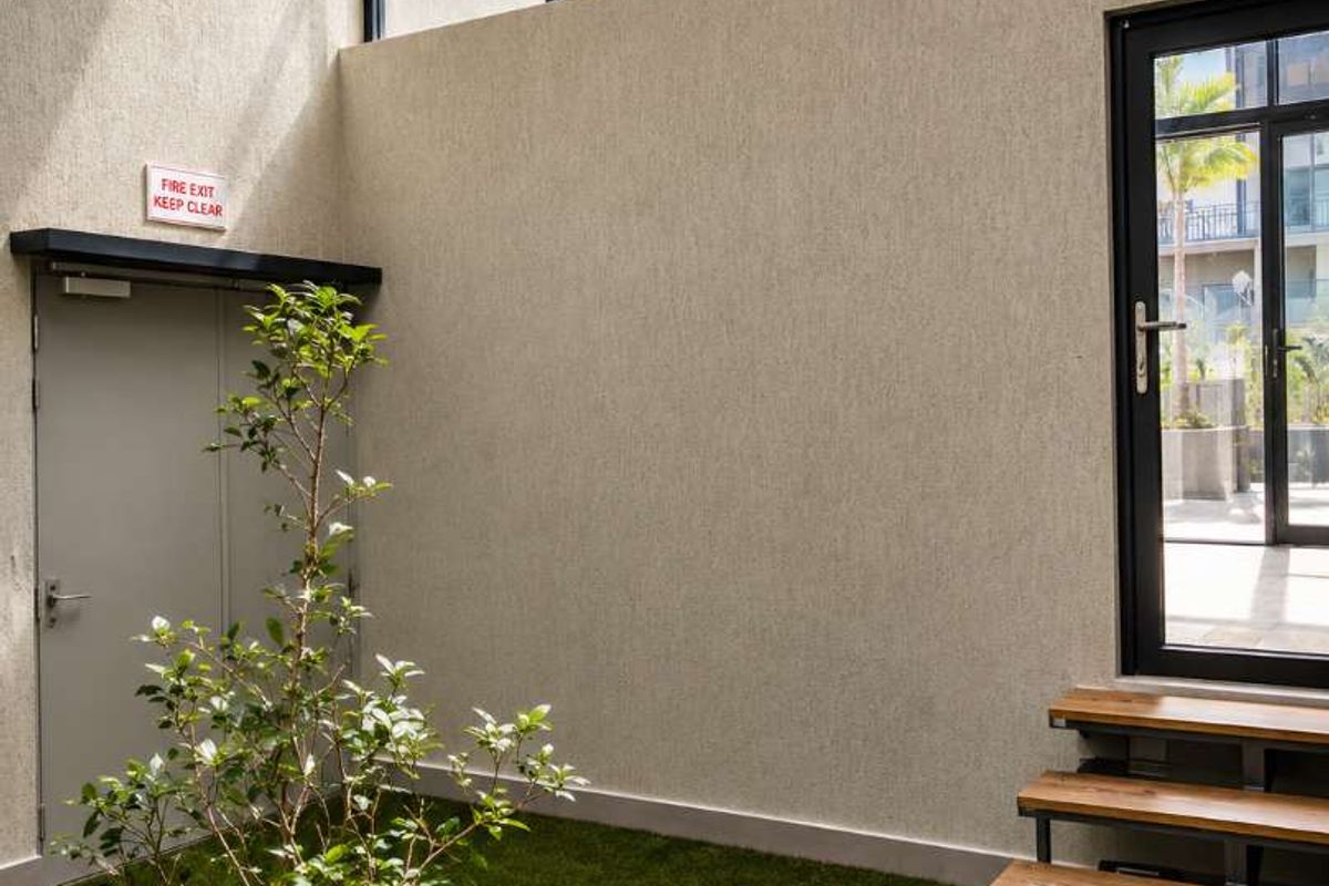 A modern, bright outdoor patio area featuring artificial turf, timber stairs, and large glass doors providing natural light and access.
