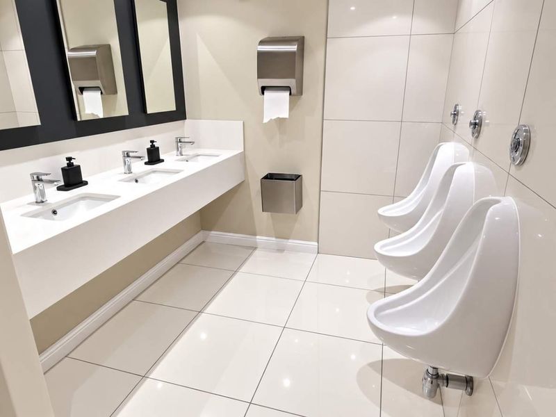 Modern commercial bathroom featuring a clean white vanity with multiple sinks and a row of wall-mounted urinals, finished with high-quality tiled surfaces.