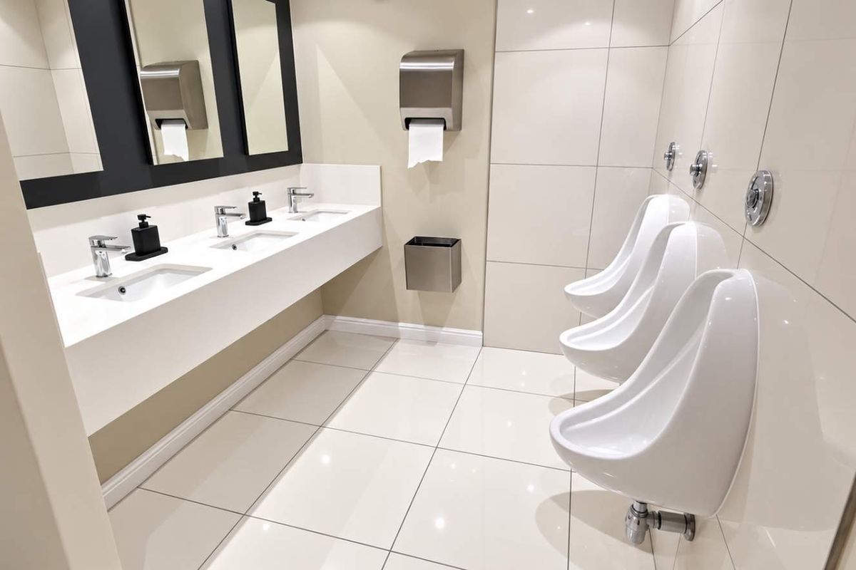Modern commercial bathroom featuring a clean white vanity with multiple sinks and a row of wall-mounted urinals, finished with high-quality tiled surfaces.