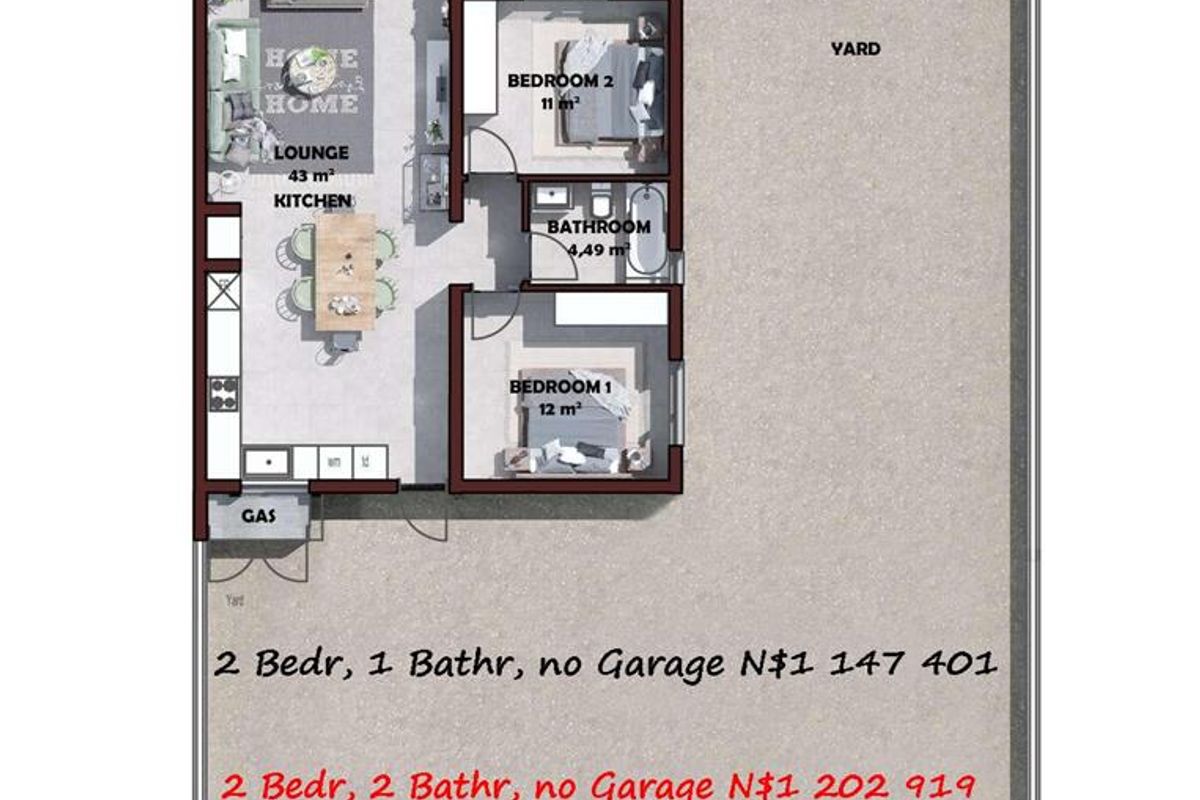 A detailed floor plan showing a two-bedroom townhouse layout with an open-plan living and kitchen area, one bathroom, and a private yard.