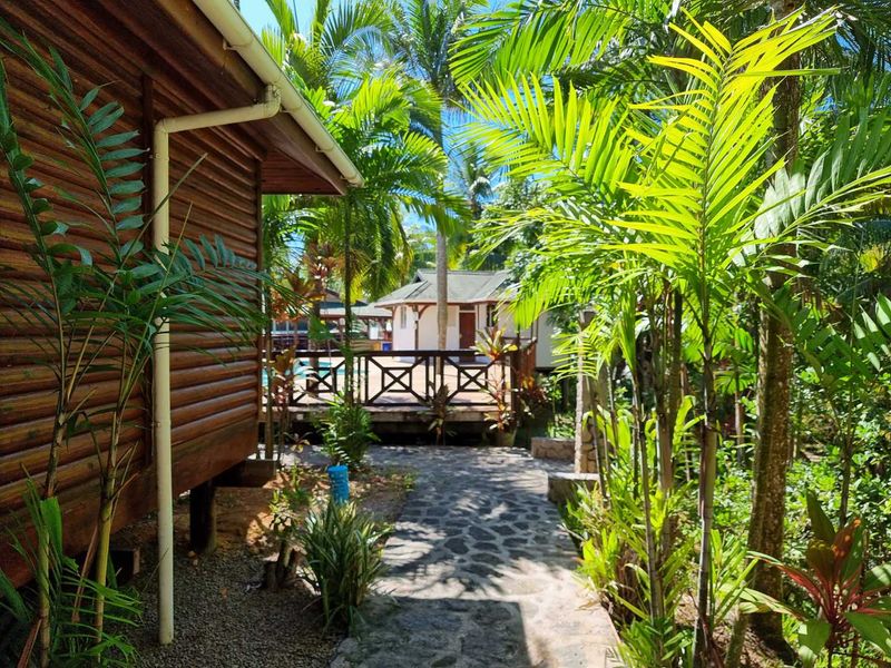 A lush garden pathway leading to a timber-clad structure with a raised deck and balustrade, surrounded by tropical landscaping.