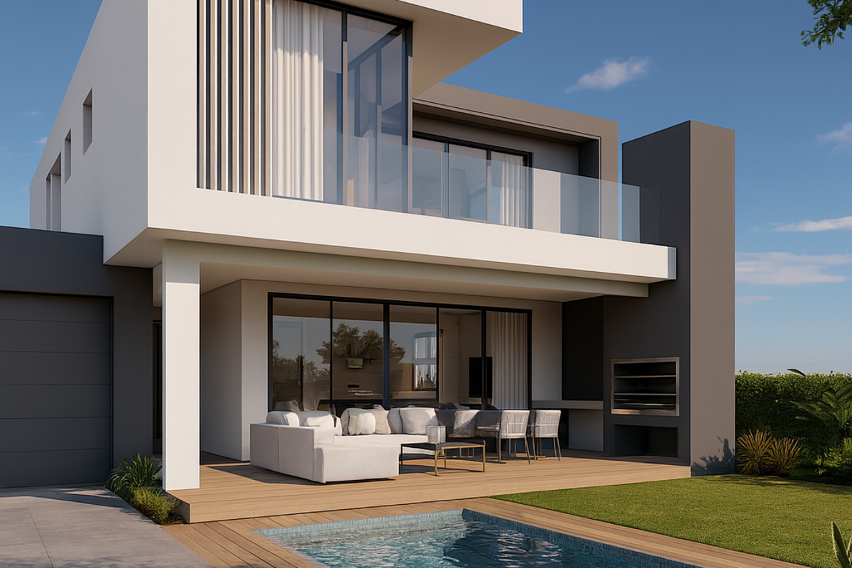 Modern double-story residence featuring a rear patio with built-in braai, timber decking, and a private swimming pool.