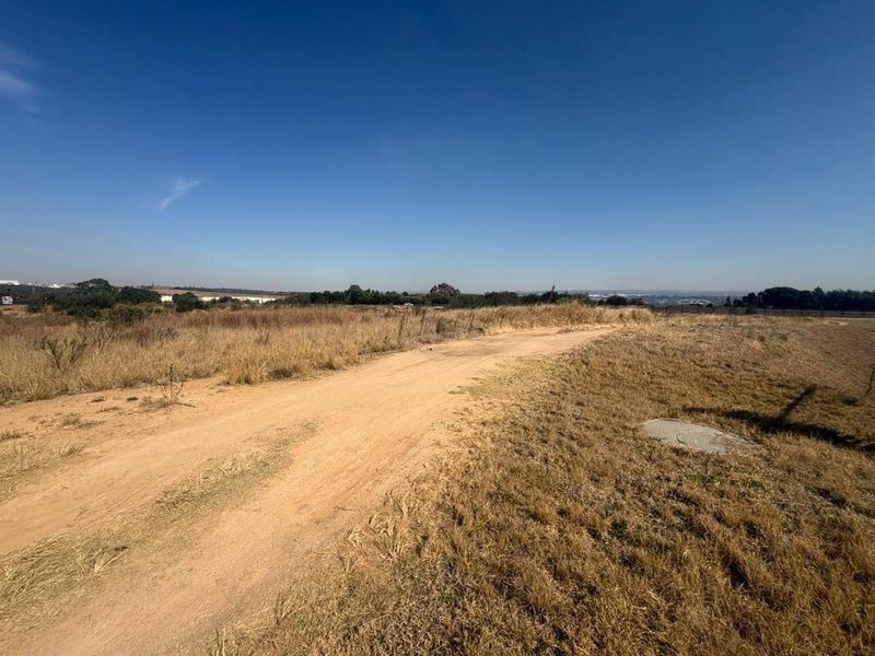 An expansive view of an undeveloped industrial plot featuring a dirt access road and natural vegetation under a clear blue sky.