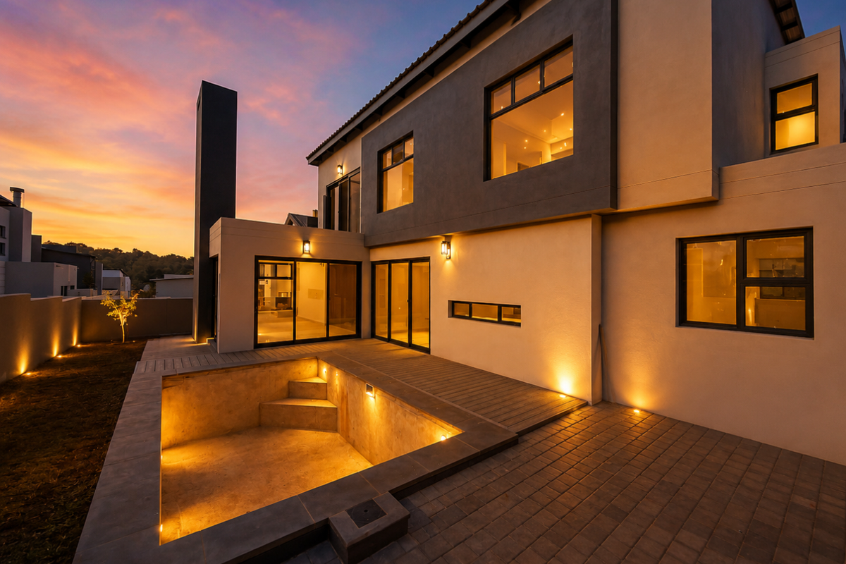Modern double-story residence featuring a rear patio with integrated pool, timber decking, and exterior wall lighting, set against a vibrant sunset backdrop.