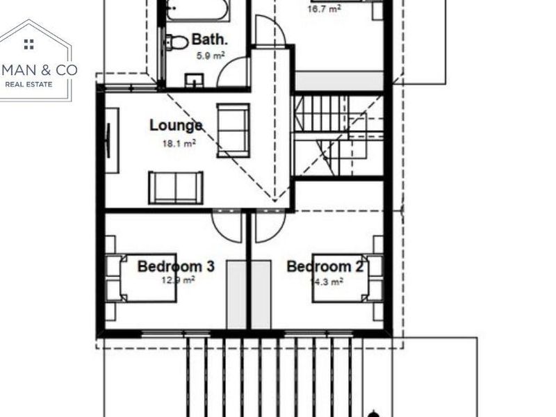 A detailed architectural floor plan showing the layout of the townhouse level, including the lounge, bedrooms, and bathroom.