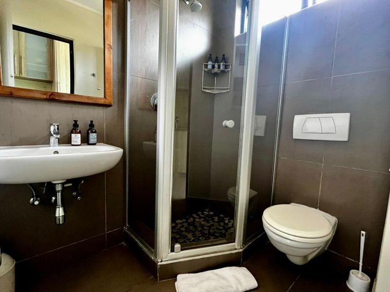 A compact bathroom featuring a wall-mounted basin, a corner shower enclosure, and a wall-hung toilet with a concealed cistern, finished with dark wall tiles.