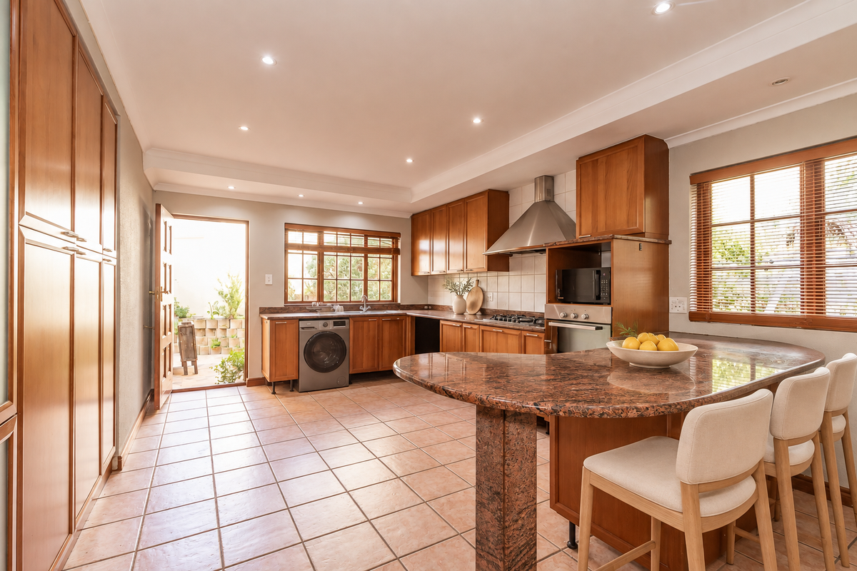 Spacious kitchen featuring warm wooden cabinetry, granite countertops with an integrated breakfast bar, tiled flooring, and direct access to an outdoor area.