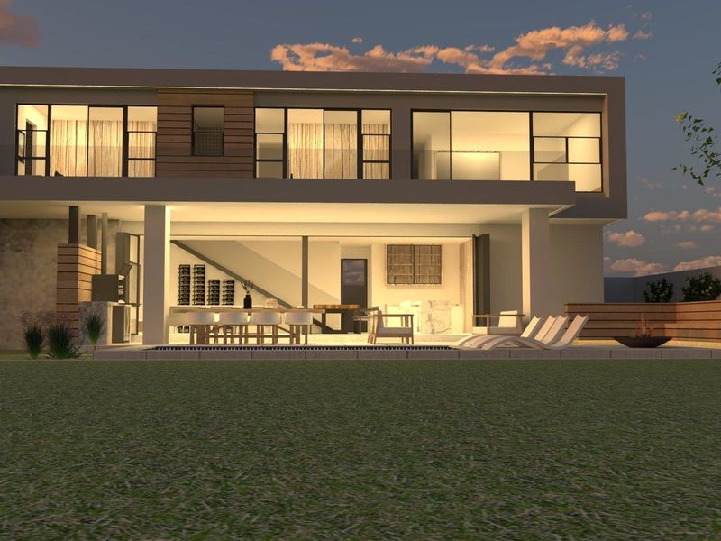 Modern double-story residence featuring a rear patio, swimming pool, and integrated outdoor entertainment area with built-in braai facilities.
