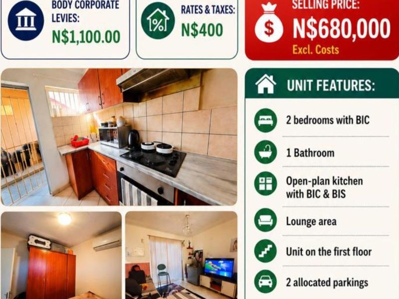 A promotional real estate flyer for an apartment unit featuring property details, pricing, and interior photos of the kitchen and living areas.