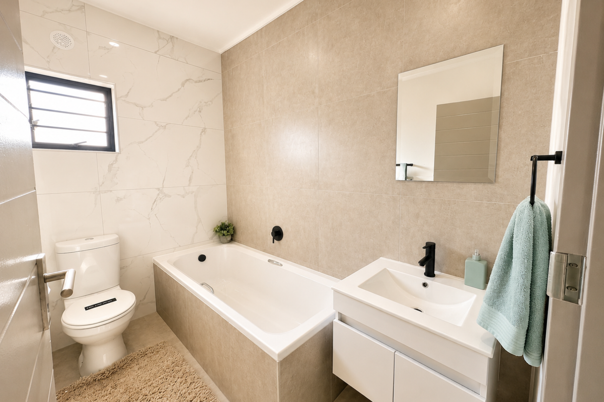 Modern bathroom featuring a built-in bathtub, wall-mounted vanity with basin, and contemporary matte black fixtures, finished with neutral floor-to-ceiling tiling.