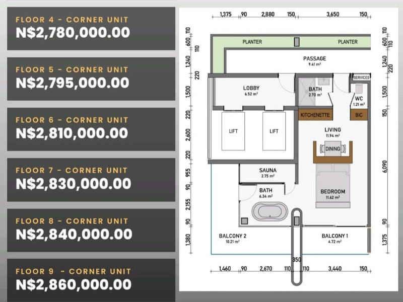 Architectural floor plan for a 56.28 sqm executive suite, featuring a kitchenette, sauna, bathroom, and dual balconies.