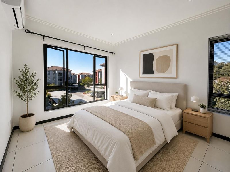 A bright and modern bedroom featuring tiled floors, black-framed windows with blinds, and a wall-mounted air conditioning unit.